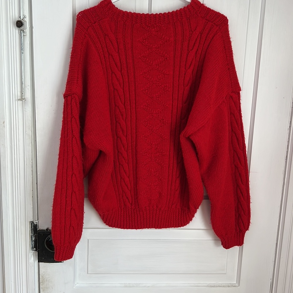 Handmade XL Red Cable Knit Cropped Sweater - Picture 3 of 6